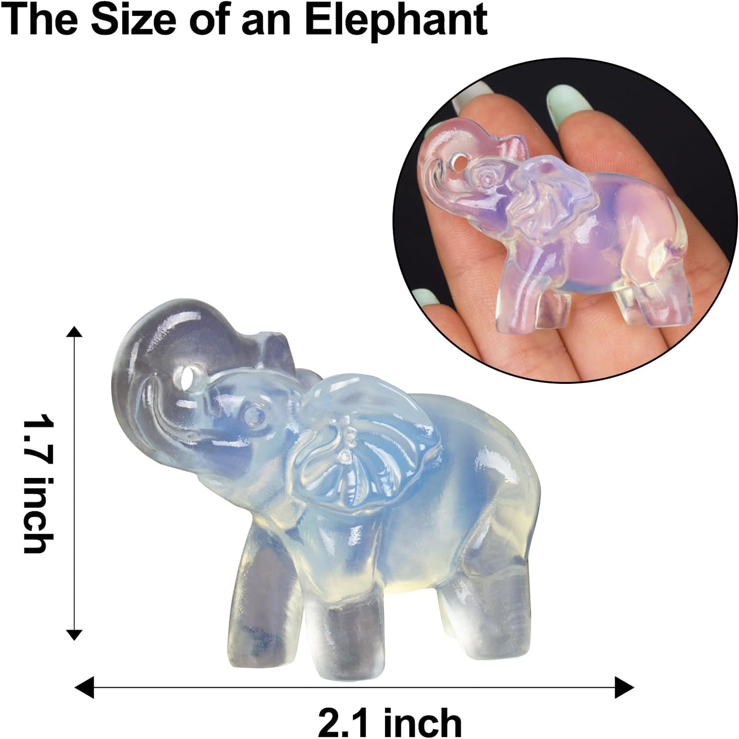 2 Inch White Opalite Crystal Elephant Sculpture Handcrafted Healing Stone Animal Figurine Spiritual Home Decor Lucky Charm Gift for Wealth Success Positive Energy and Meditation Lovers