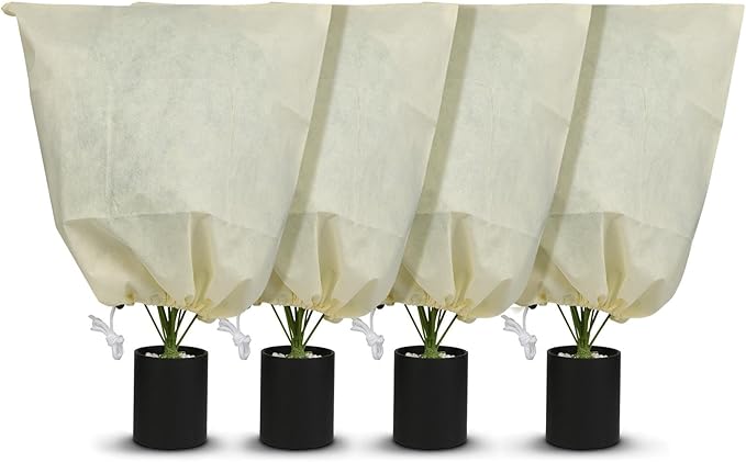 MIXC Plant Covers Freeze Protection, 23.6''×23.6'' Winter Cold Weather Frost Blankets Shrub Jacket with Drawstring Reusable Frost Protection Cloth for Outdoor Plants Fruit Tree Potted (4 Pack)