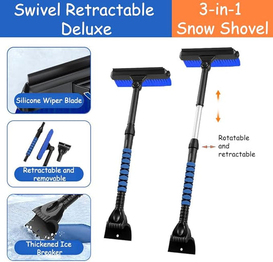 31.5" Car Snow Brush and ice Scraper, Ice scrapers for car Windshield, 3-in-1 Automotive Snow Removal Tool with Ergonomic Foam Handle and 360° Rotating Brush Head for Cars, Trucks and SUVs