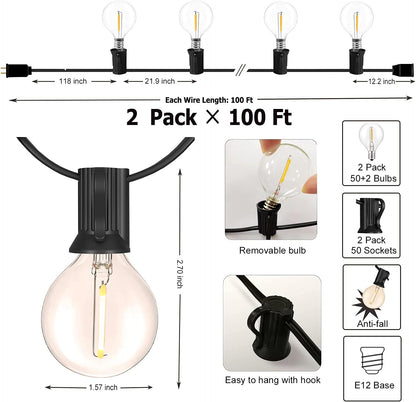 Outdoor String Lights 200FT Waterproof Globe String Lights with 104 Shatterproof G40 LED bulbs, Dimmable Connectable Patio Light String Lights for hanging Bistro Backyard Gazebo,2-Pack x 100ft