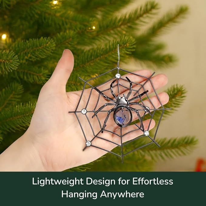Matashi Black Spider Hanging Ornament for Christmas Tree w Blue, Clear Crystals –Lucky Spider Web Decoration for Tree, Seasonal Decor Holiday Hanging Ornament Gift Inspired by Christmas Spider Legend
