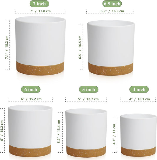 5 Pack Cylindrical Flower Pots with 7/6.5/6/5/4 inch, Modern Small Plastic Plant Pots with Drainage Holes & Saucers, Round Planter Pots for Outdoor, Indoor & Office Decor (White Brown)