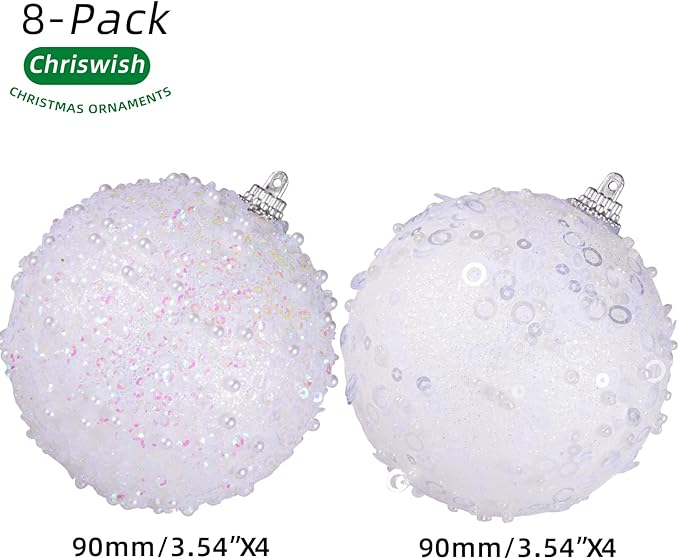 8CT Christmas Ball Ornaments, White Christmas Ball Decorations Shatterproof Plastic Hanging Pearl Balls for Holiday Party(90mm/3.54")