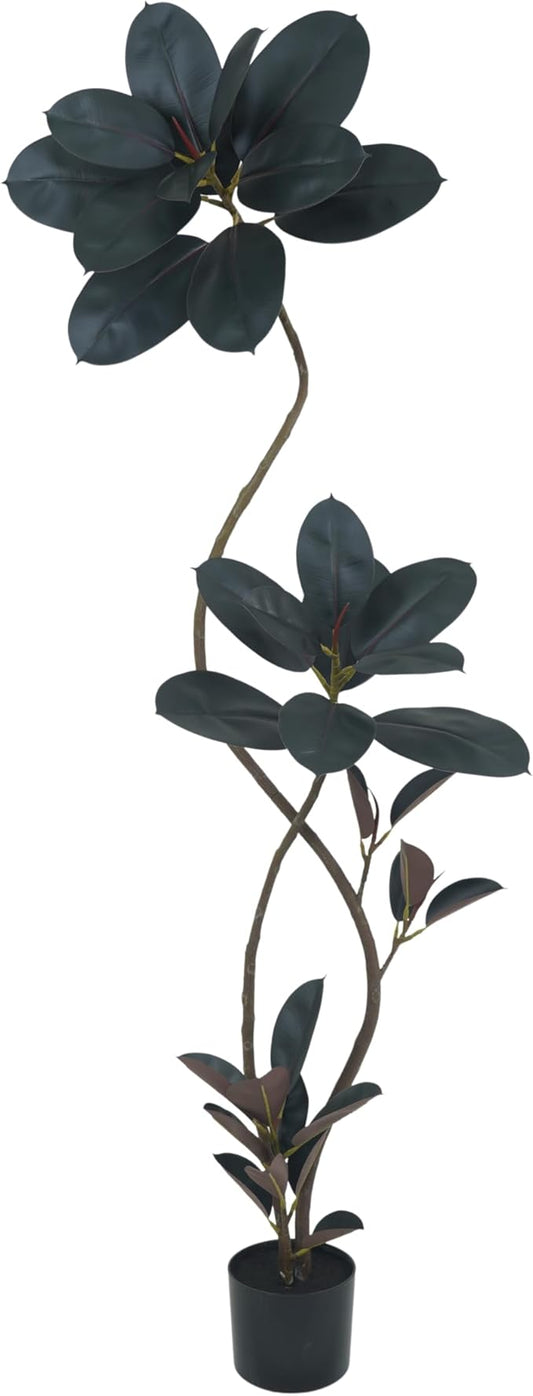 Artificial Rubber Tree Plant, 72 Inch Indoor Tree, Black with Round Planter, All Season Home Decor (Black, 6ft)