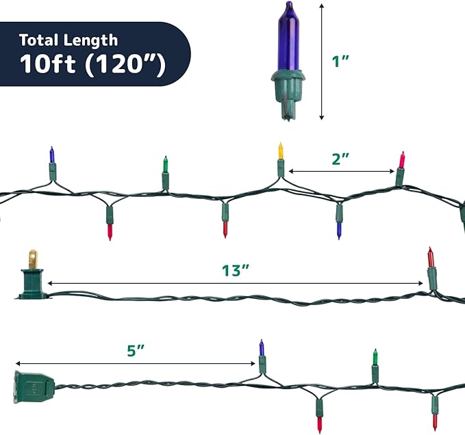 PREXTEX 50 Ct. Multi-Color Christmas Tree Lights with Green Wire - 10 Ft String Lights for Indoor and Outdoor Use - Multicolor Twinkle Christmas Tree Decoration with End-to-End Connectors