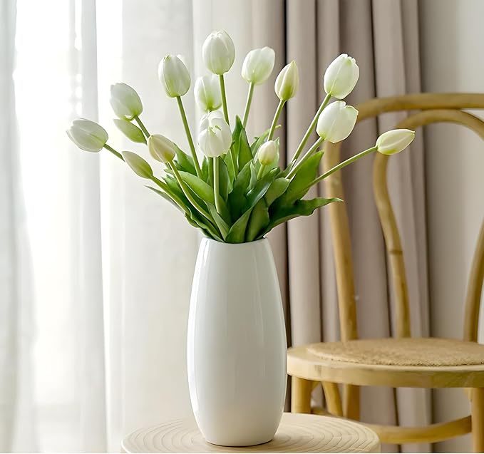 15 Pcs White Tulips Artificial Flowers Faux Tulips Real Touch Latex Fake Flower Bouquet for Spring Wedding Home Décor Centerpiece Arrangements