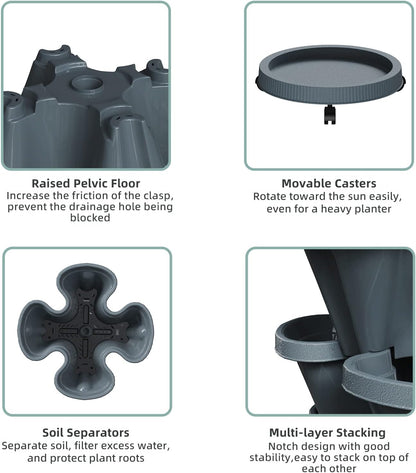 Strawberry Vertical Planter Tower Garden, 7 Tiered Stackable Planter Herb Garden Planter with Movable Casters and Bottom Saucer Indoor and Outdoor - Dark Grey