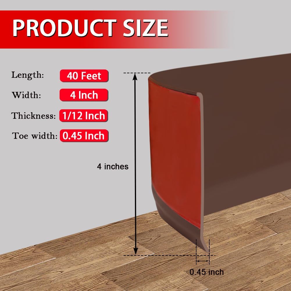 Vinyl Wall Base Baseboard Molding Trim 4" Flexible Self Adhesive Rubber Wall Base Moulding Trim Peel and Stick Design, 4 Inch x 40 Feet, Brown