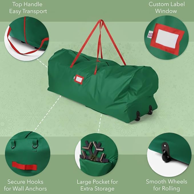 Holiday Cheer Christmas Tree Storage Bag with Wheels – Heavy Duty Christmas Tree Bag Fits Up to 9ft Tall Artificial Christmas Tree, Waterproof, Durable Handles & Zipper – Xmas Tree Storage Bag (Green)