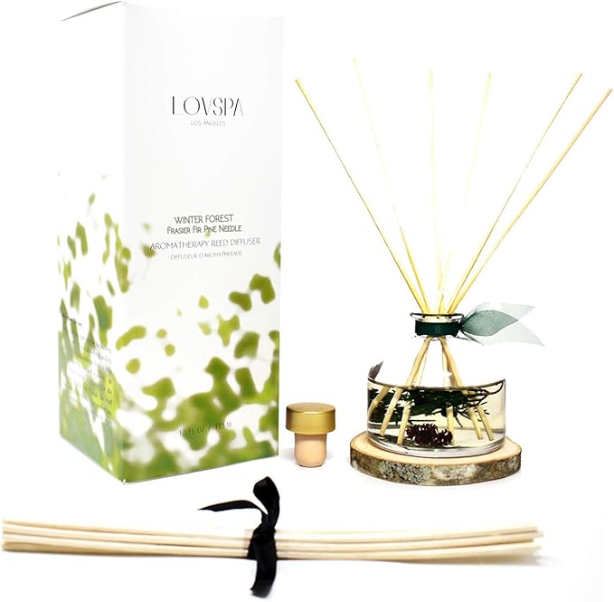 LOVSPA Reed Diffuser Set, Winter Forest Pine Scented Oil Diffuser with Sticks and Wooden Coaster, Bathroom Shelf Decor Made with Real Botanicals, USA Made