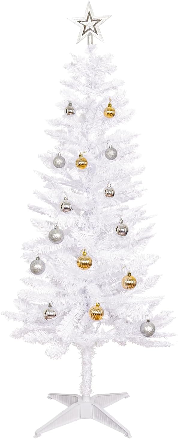 Sunshine White Christmas Tree with Light 4ft Artifical Full Christmas Tree with Ball & Star Ornaments 8 Lighting Modes for Holiday Decor