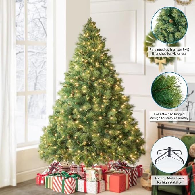 Naomi Home 4.5ft Christmas Tree with Lights, Realistic Traditional Prelit with Pine Cones, Foot Pedal 561 Branch Tips, 300 Warm Lights and Metal Stand, Aritificial Tree