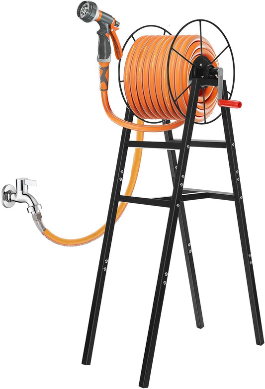 Freestanding Garden Hose Reel Holds 150 Ft Hose, Metal Garden Hose Holder for Outdoor, Garden Stand Rack for Water Pipe Organizer Storage, Black