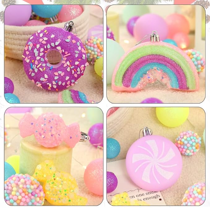 Christmas Tree Ornaments Set - 40 Pack Shatterproof Pink, Yellow, Light Green Xmas Decorations for Home, Holiday Party, Centerpiece, Garland