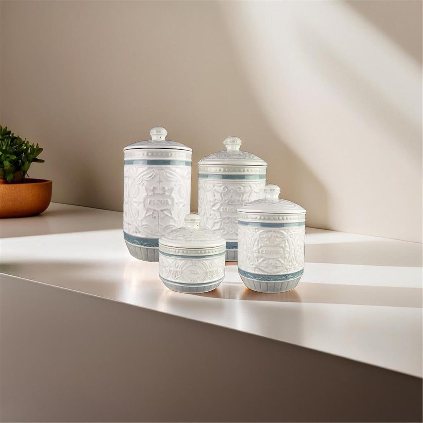 Young's Inc. 4 Pcs Set Casual Provincial Ceramic Canisters- Storage Container for Kitchen and Bathroom - Beautiful Home Decor Accent to Store Food, Coffee, Tea, and More - Green, White