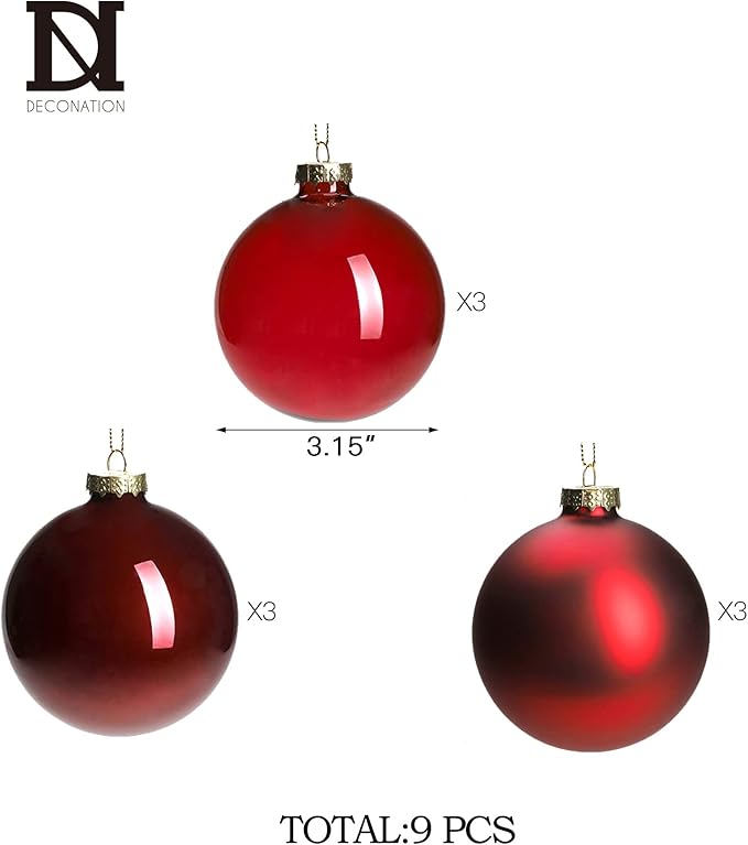 DN DECONATION Deep Red Glass Christmas Ornaments, Set of 9, 3.15' Hanging Christmas Baubles for Xmas Tree Decoration, Wedding Party Gift