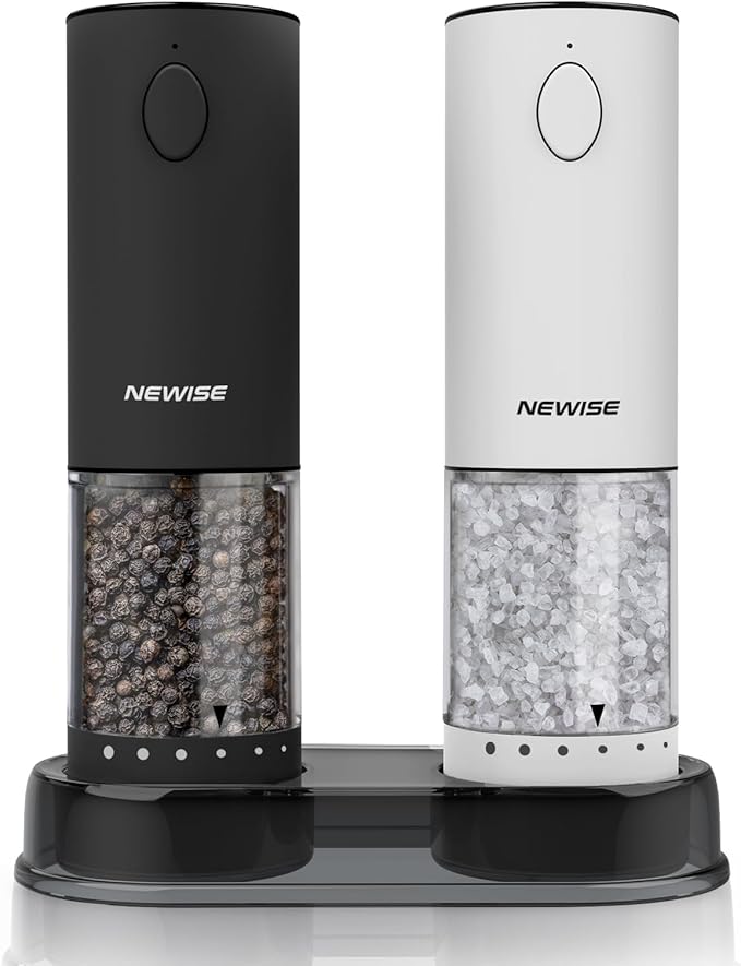 Rechargeable Electric Salt and Pepper Grinder Set, Adjustable Coarseness & LED Light, Stainless Steel Battery-Free Mill, Large Capacity, Gift Idea for Cooking - Black/White