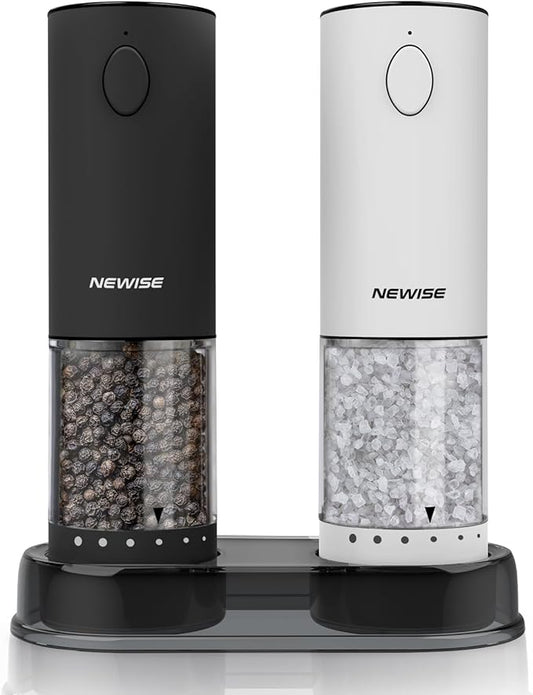 Rechargeable Electric Salt and Pepper Grinder Set, Adjustable Coarseness & LED Light, Stainless Steel Battery-Free Mill, Large Capacity, Gift Idea for Cooking - Black/White
