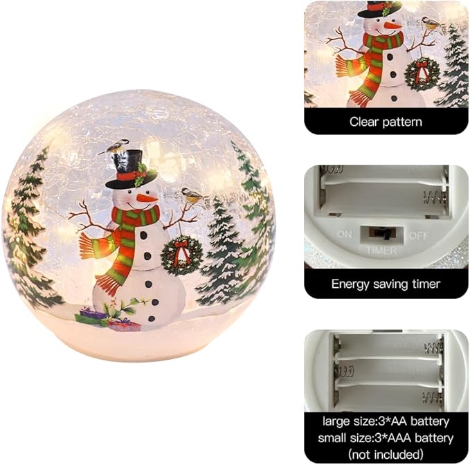 PHITRIC Christmas Decorations Indoor, 3 pcs Sparkling Snowman Globes with LED Lights and Timer, Tabletop Xmas Decor for Fireplace, Table, Home Decor Indoor