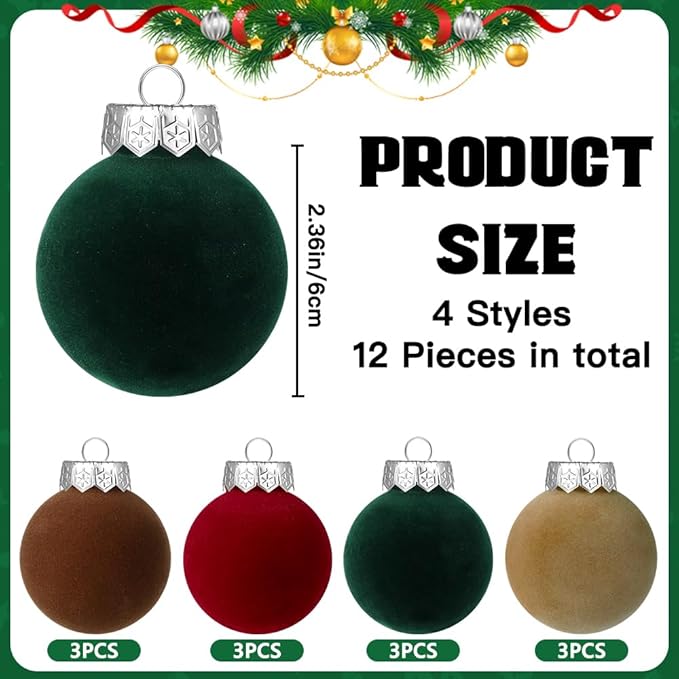 YUJUN 12 PCS Christmas Large Velvet Balls Ornaments 2.36In Shatterproof Red Green Tree Hanging Plastic Ball Set Xmas Bulk Flocked Ornaments for Christmas Tree Home Party Wreath Decorations