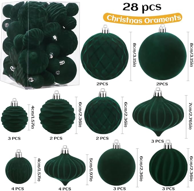 28PCS Velvet Christmas Balls Ornaments, Flocked Shatterproof Dark Green Xmas Tree Hanging Decoration Plastic Ball Set Bulk Ornament for Winter Trees Holiday Party Home Wreath Decor