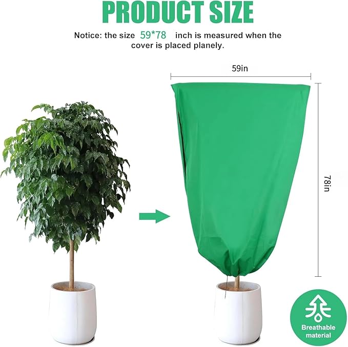 Plant Covers Freeze Protection, 4 Pack Frost Covers with Zipper Drawstring (59" x 78") Plant Protection Cover Bags for Outdoor Winter Frost Cold (Green) (59" W x 78" H(4 PCS), Green)