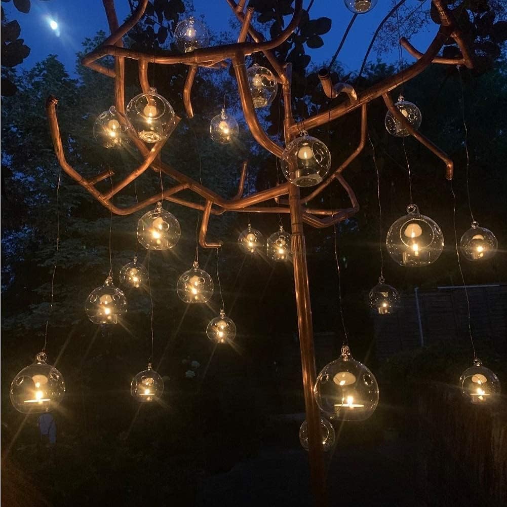 Sziqiqi Hanging Glass Tealight Candle Holder with LED Candles - 3.15inch Tea Light Globe Terrarium Holders Ornament for Wedding Christmas Birthday Halloween Party Centerpieces Decor 24pcs