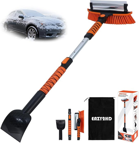 Eazy2hD 3 in 1 Snow Brush with Ice Scrapers, 43.31" Extendable Window Ice Removal with Squeegee for Windshield, 180° Pivoting Brush Head Cleaner Tool for Car, Auto, SUV, Truck