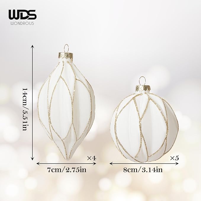 WDS WONDROUS Christmas Ball Ornaments, Vintage Ball & Teardrop Xmas Tree Ornament Set, Hanging Assorted Glass Balls for Holiday Home Party Decor (9Pcs, White & Gold Line)