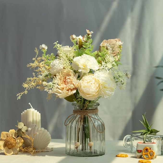 LESING Fake Artificial Flowers with Vase Faux Silk Flower Bouquet in Glass Vase Rose Floral Arrangements Flower for Home Office Decoration, Dining Table Centerpiece (White)