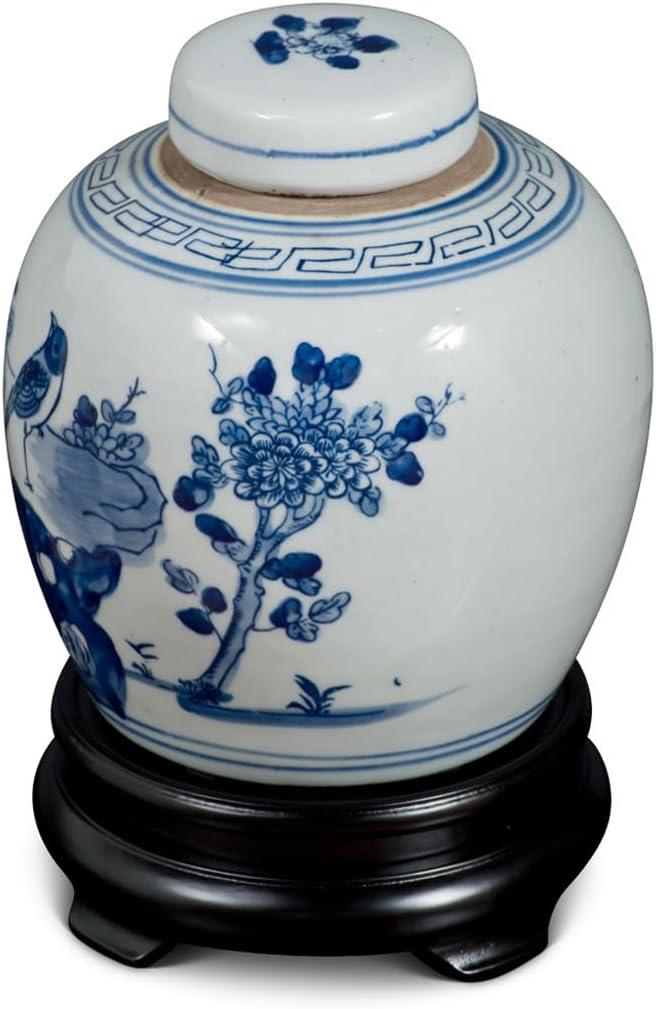 Blue and White Porcelain Bird Flower Motif Chinese Jar