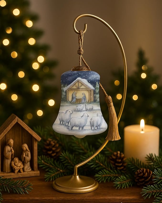 Nativity Bell Christmas Ornament–Hand-Painted Glass Bell with Holy Family & Sheep – Christian Nativity Scene Ornament – Religious Christmas Tree Decoration & Gift