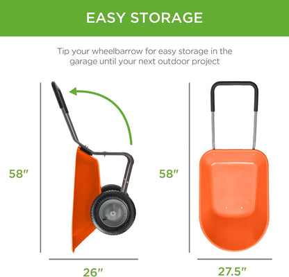 Best Choice Products Dual-Wheel Home Utility Yard Wheelbarrow Garden Cart w/Built-in Stand for Lawn, Gardening, Construction - Orange