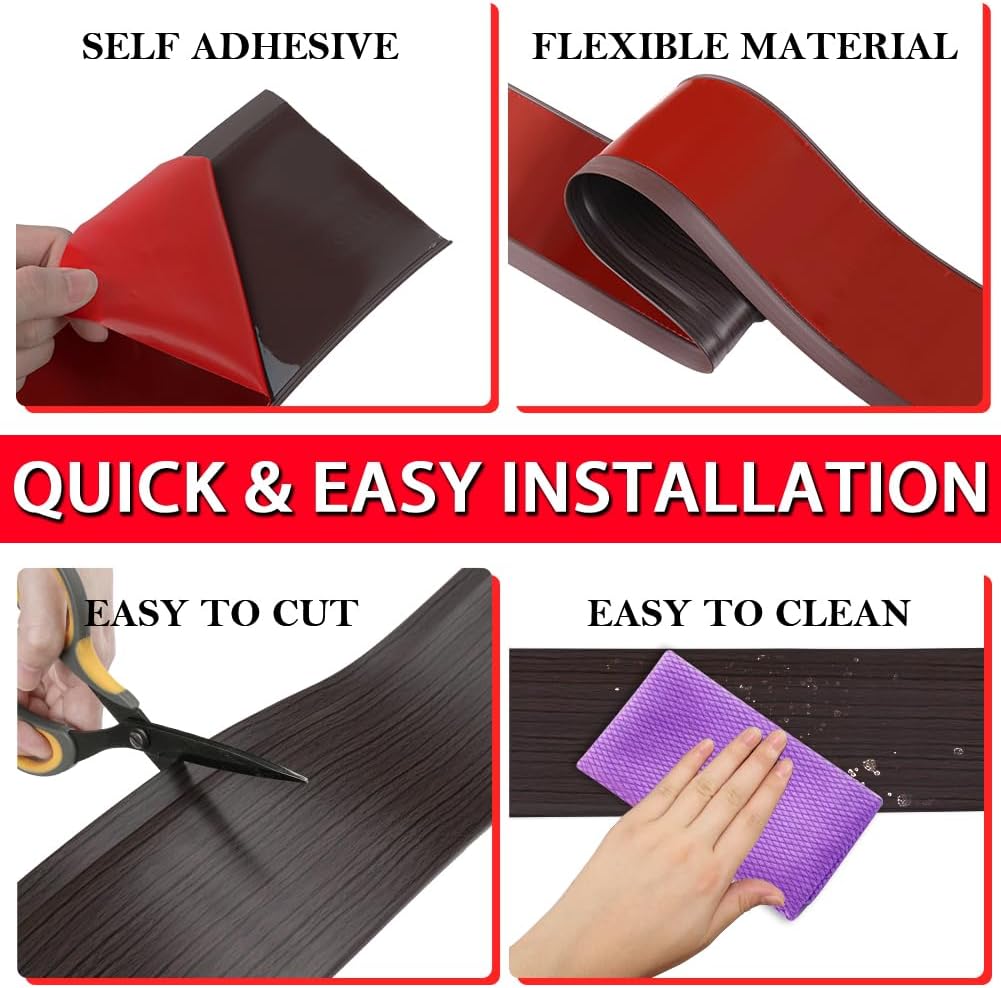 Vinyl Wall Base Baseboard Molding Trim 4" Flexible Self Adhesive Rubber Wall Base Moulding Trim Peel and Stick Design, 4 Inch x 100 Feet, Black Walnut Wood