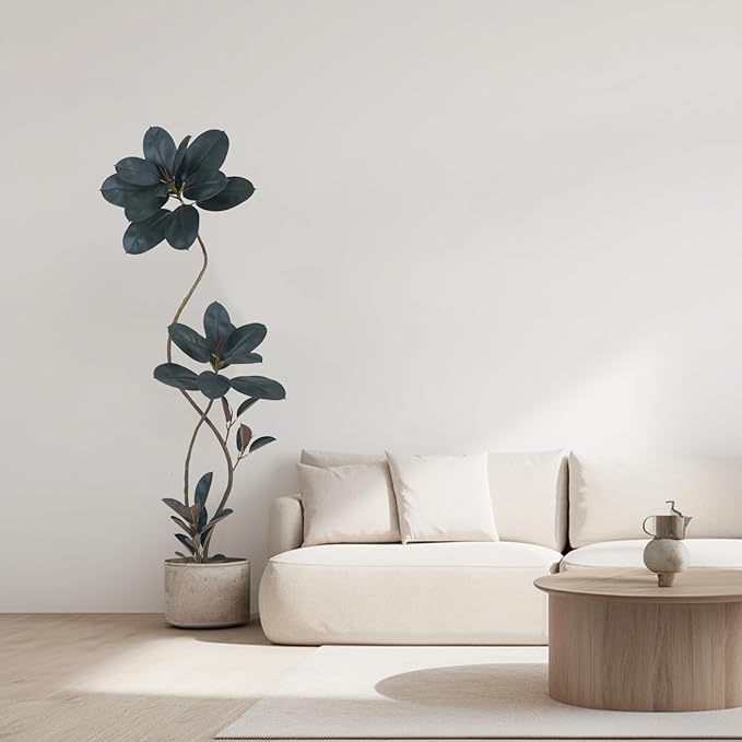 Artificial Rubber Tree Plant, 72 Inch Indoor Tree, Black with Round Planter, All Season Home Decor (Black, 6ft)