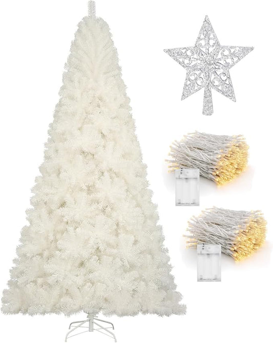 6ft White Christmas Tree, Xmas Tree Artificial Christmas White Trees with 1005 Branch Tips and Decorations(1pcs Top Star, 2set 200 Tips Battery Boxes Powered,Pencil Christmas Tree Holiday Decorations