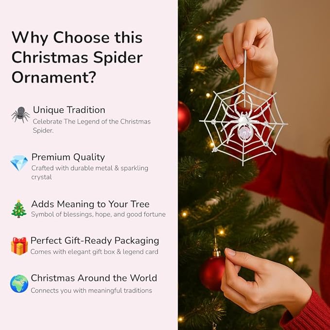 Matashi Silver Plated Christmas Tree Spider Ornament w Pink, Clear Crystals Lucky Hanging Decoration, Holiday Ornament Gift, Unique Spider Decor for Christmas & Halloween Party w Tinsel Legend Story