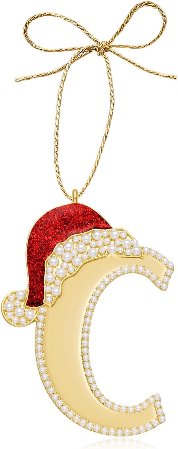 2025 Christmas Letter Ornaments, Letter C Ornaments for Xmas Tree, Hanging Christmas Red Hat Ornament for Mother Best Friends Sister Wife