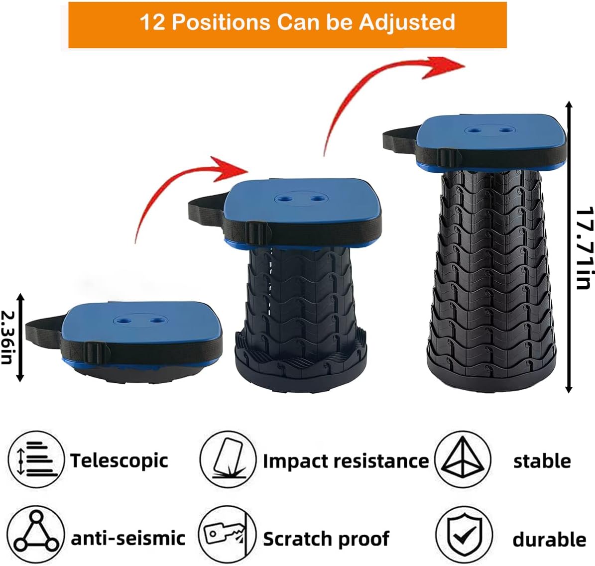 Collapsible Camping Stool with Seat Cushion & Nylon Bag, Square Portable Telescopic Stool, Lightweight Sturdy Foldable Stool for Camp Fishing Picnic, Max Load 550 lb