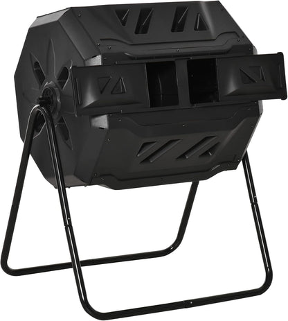 Compost Bin Outdoor, 43 Gallon Dual Chamber Tumbling Composting with Sliding Doors, Large Compost Tumbler, Compost Bin for Garden, Kitchen, and Yard Waste, Black
