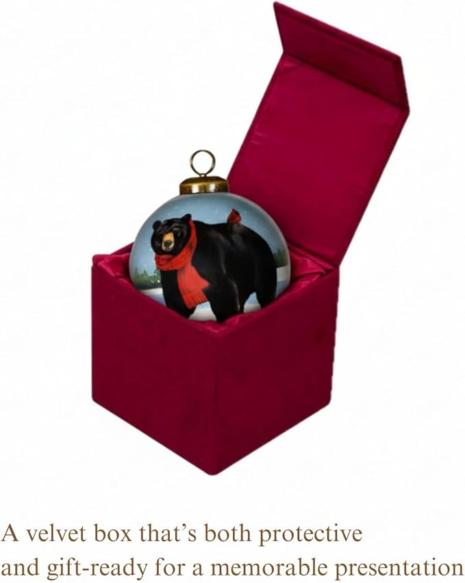 Black Bear Ornament with Red Scarf and Cardinal – Hand-Painted Glass Wildlife Christmas Ornament for Woodland Holiday Décor, Rustic Cabin Theme