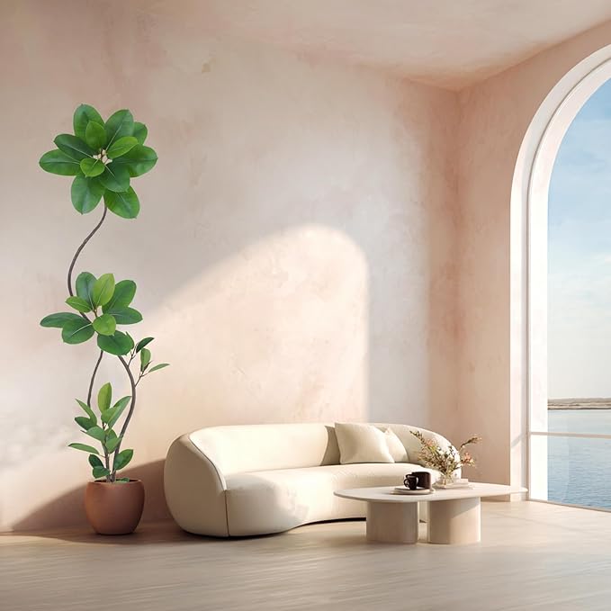 Artificial Rubber Tree Plant, 78 Inch Indoor Tree, Black with Round Planter, All Season Home Decor (Green,6.5ft)