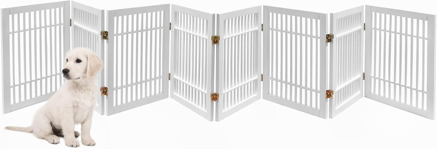 Pet Dog Gate Strong and Durable Freestanding Folding Acacia Hardwood Portable Wooden Fence Indoors or Outdoors by Urnporium (White Pet Gate, 8 Panel 24" Tall)