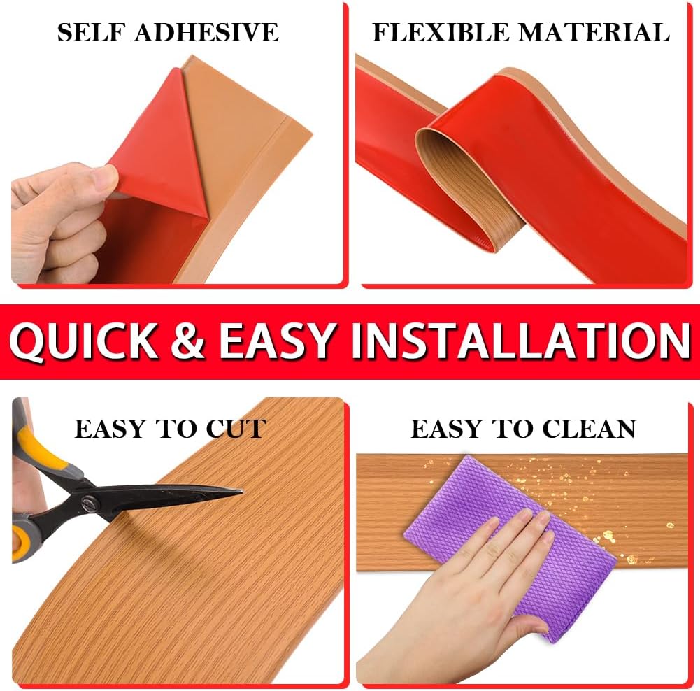 Vinyl Wall Base Baseboard Molding Trim 4" Flexible Self Adhesive Rubber Wall Base Moulding Trim Peel and Stick Design, 4 Inch x 200 Feet, Yellow Wood