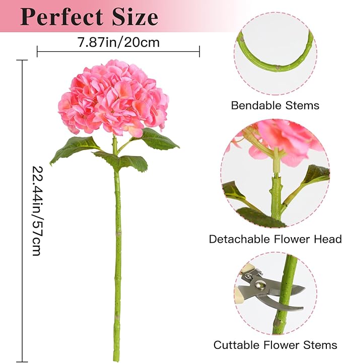 Nubry 22.44In Pink Hydrangea Artificial Flowers,4Pcs Latex Faux Real Touch Large Hydrangea Flowers with Long Stems & Leaves for Home Office Decor Wedding Party Arrangements(Pink)