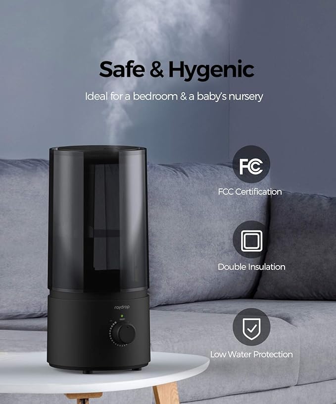 raydrop Humidifiers for Bedroom, raydrop Cool Mist Humidifiers for Babies, 1.0L Quiet Ultrasonic Humidifier, Space-Saving, Filterless, Auto Shut Off - (0.26 Gallon, US 110V)