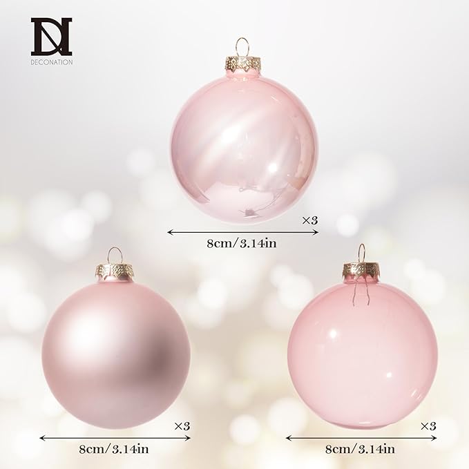 DN DECONATION Christmas Tree Decorations Ball, Pink Glass Christmas Ball Ornaments Set of 9, 3.14” Xmas Tree Clear Hanging Ornaments for Home Wedding Holiday Party Decor Gifts