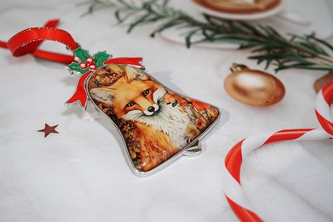 Christmas Ornament Bell Pendant Decorative Metal Glass Hanging Christmas Bell Ornaments for Home Decoration Party Decor (Flower Cute Fox)