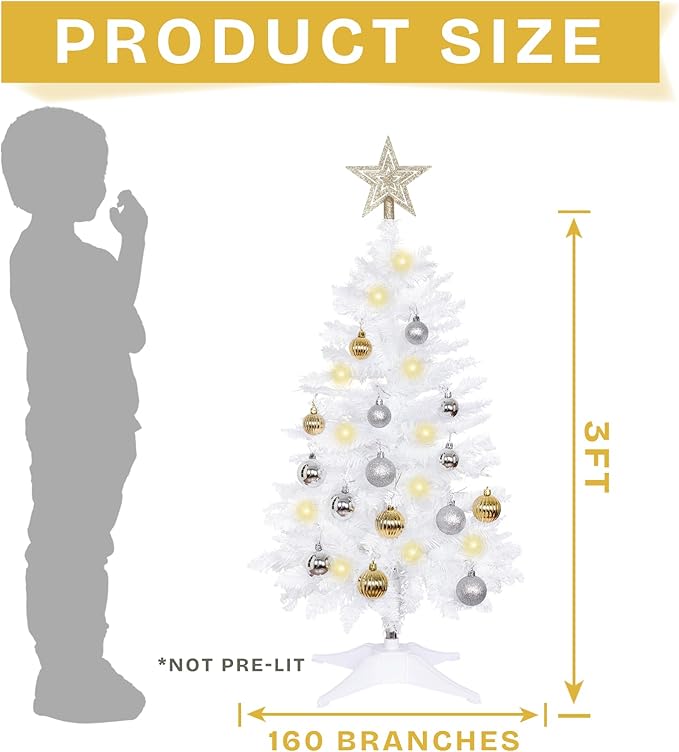 Sunshine White Christmas Tree with Light 3ft Artifical Full Christmas Tree with Ball & Star Ornaments 8 Lighting Modes for Holiday Decor