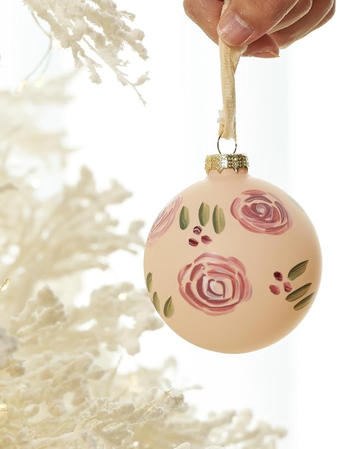 DN DECONATION Christmas Ball Hanging Ornaments Set of 4 – 3.14” Pink Glass Balls Hand-Painted with Flowers and Green Leaves, Elegant Christmas Decorations for Tree, Holiday Decor & Wedding